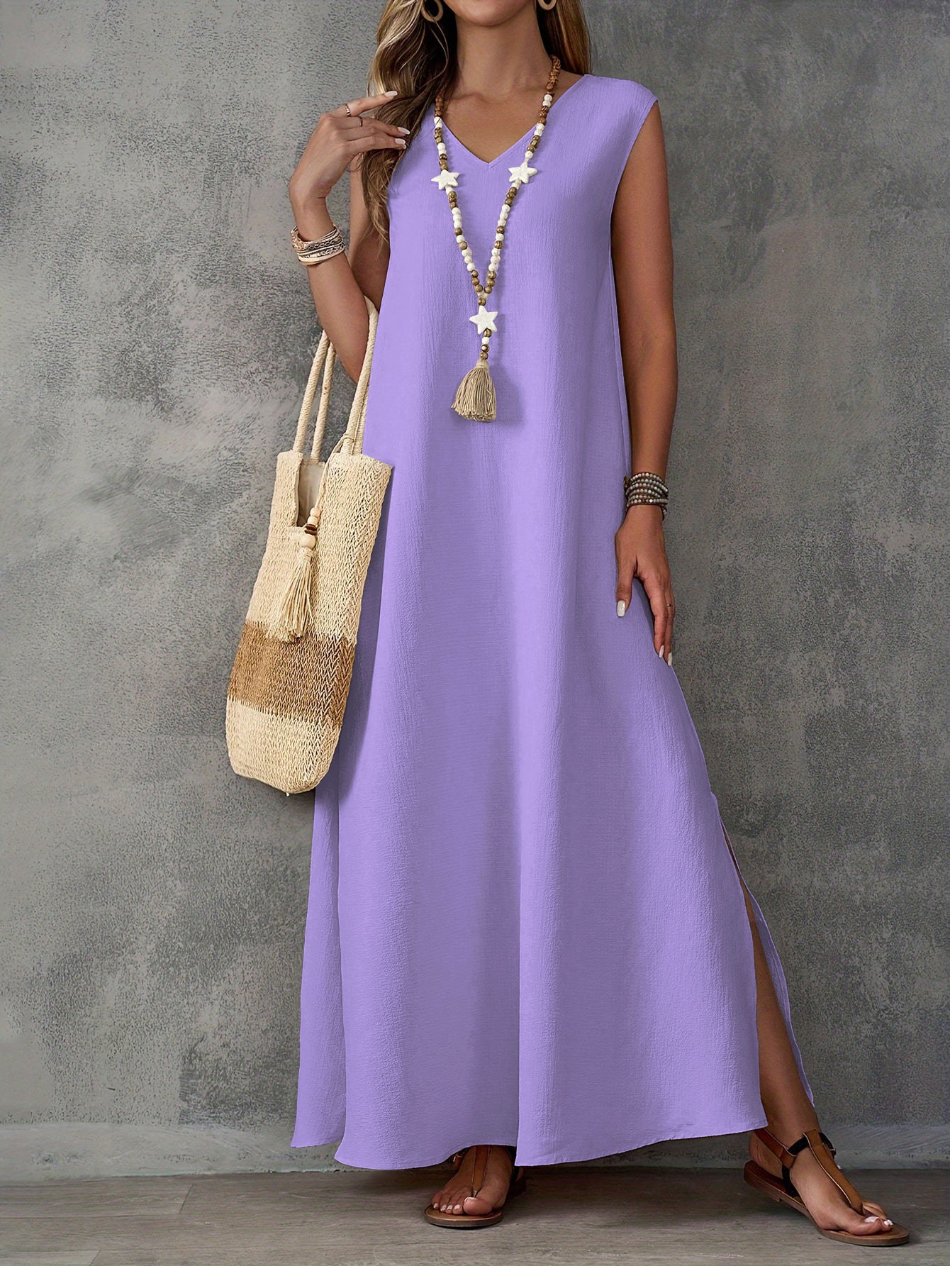 Textured Fabric Sleeveless V-Neck Slit Maxi Dress