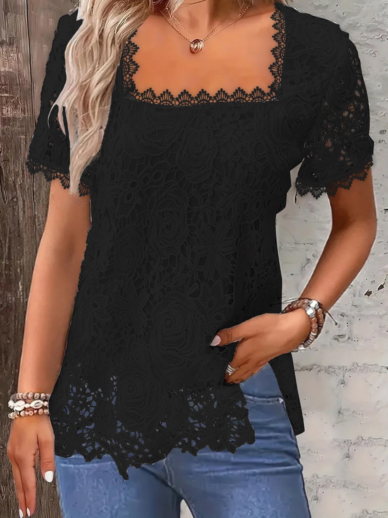 Solid Square Neck Lace T-Shirt, Casual Long Sleeve T-Shirt