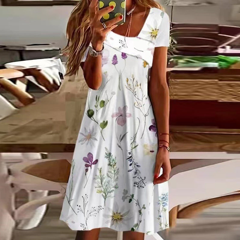 Short Sleeve Printed A Line Mid Waist V-Neck Mini Dress