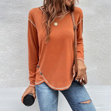Plain Button Long Sleeve Daily Weekend Basic Round Neck T-Shirt