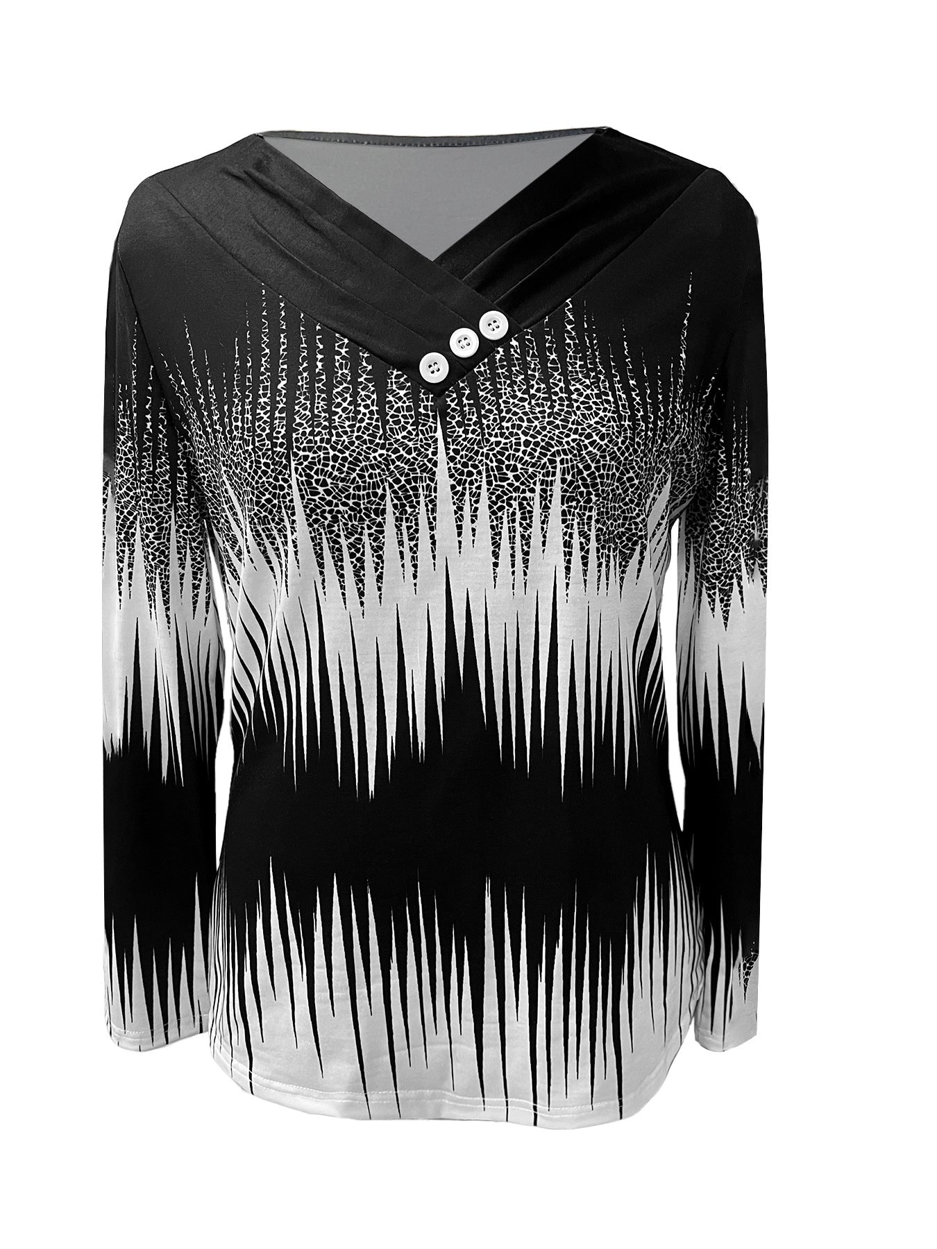 Christmas Snowflake Print Button Decor T-shirt, Casual Long Sleeve Plaid Print T-shirt