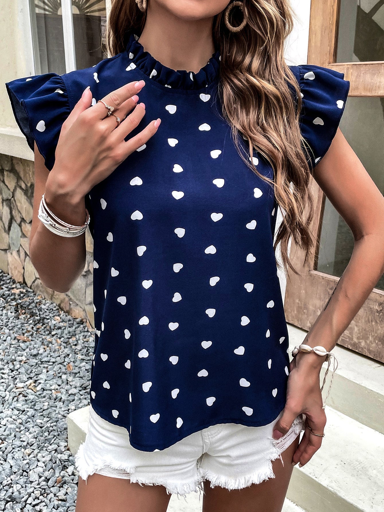 Heart Print Ruffle Trim Blouse, Casual Pleated Crew Neck Blouse