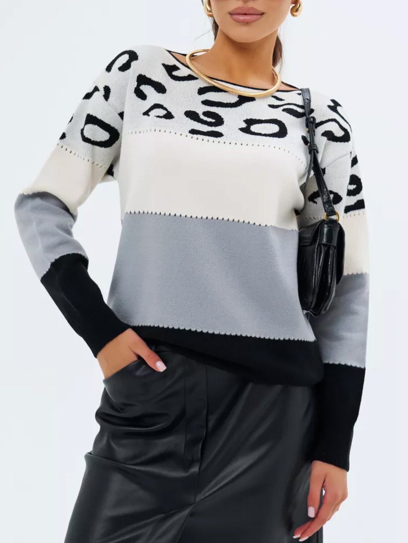Chic Leopard Print Color Block Knit Sweater - Casual Crew Neck, Long Sleeve Pullover