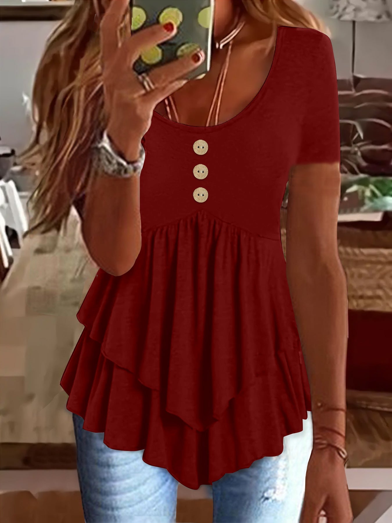 Solid Color Crew Neck T-Shirt, Casual Short Sleeve Button Front Flare Tiered Top