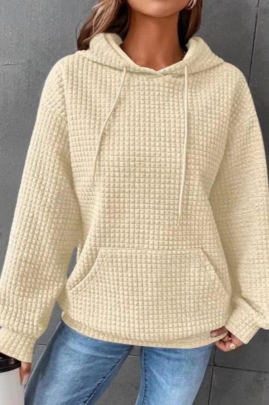 Waffle Grid Kangaroo Pocket Hoodie, Casual Long Sleeve Drawstring Hoodies Sweatshirt