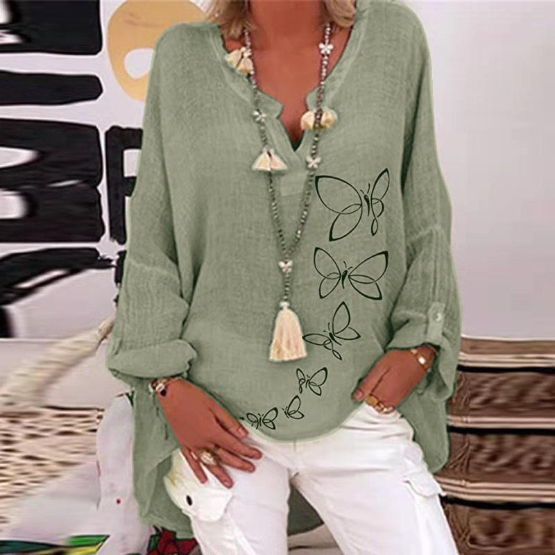 Long Sleeve Floral Print Loose V-Neck Shirt