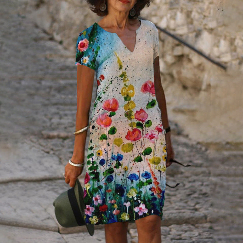 Loose Print Elegant V-neck Short Sleeve Knee-length Midi Dress
