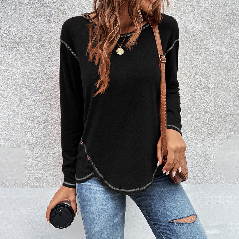 Plain Button Long Sleeve Daily Weekend Basic Round Neck T-Shirt