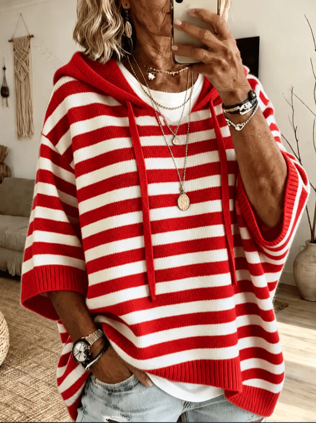 Solid Color Casual Hooded Batwing Sleeve Knit Sweater