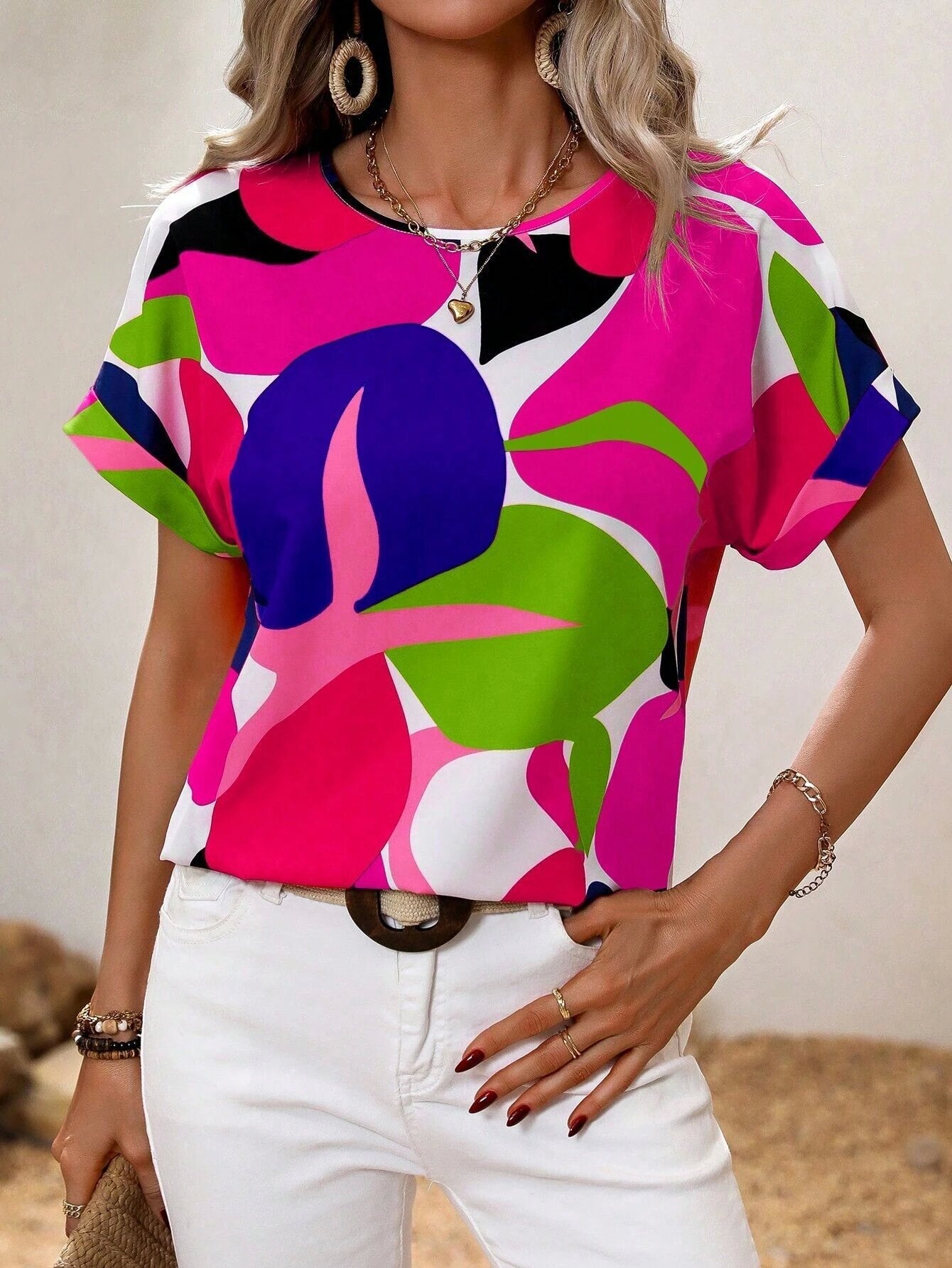 Floral Print Crew Neck Blouse, Casual Short Sleeve Top