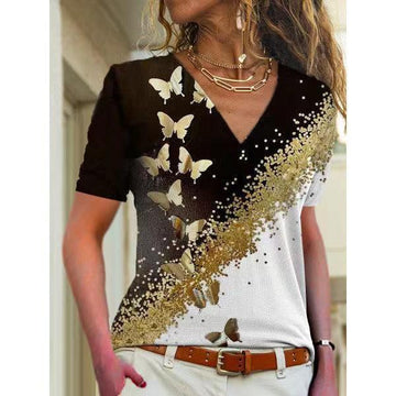 3D Flower Print V-Neck Short Sleeve T-Shirt