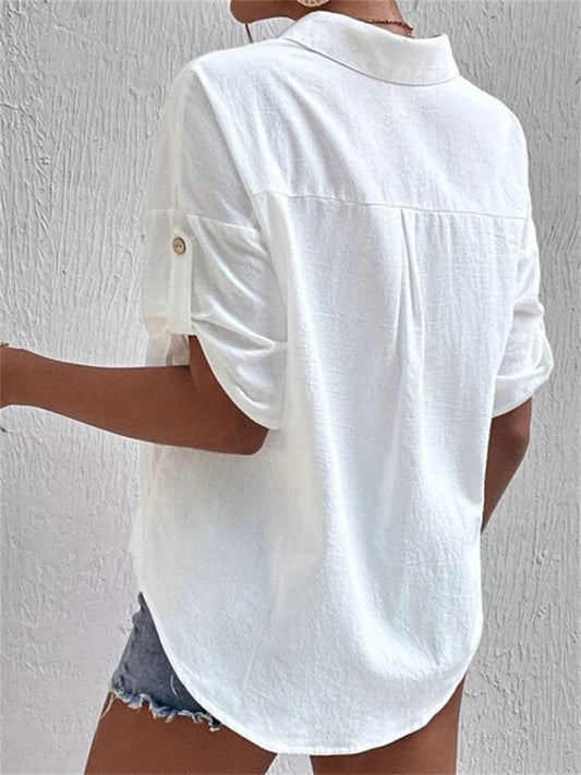 Medium Cuff Pocket Lapel Medium Length Cotton Linen Shirt