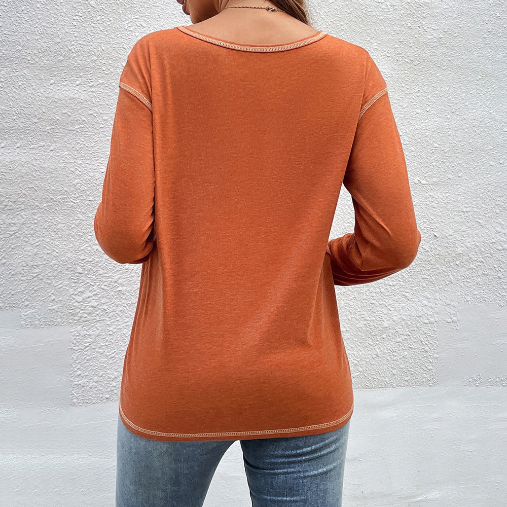 Plain Button Long Sleeve Daily Weekend Basic Round Neck T-Shirt