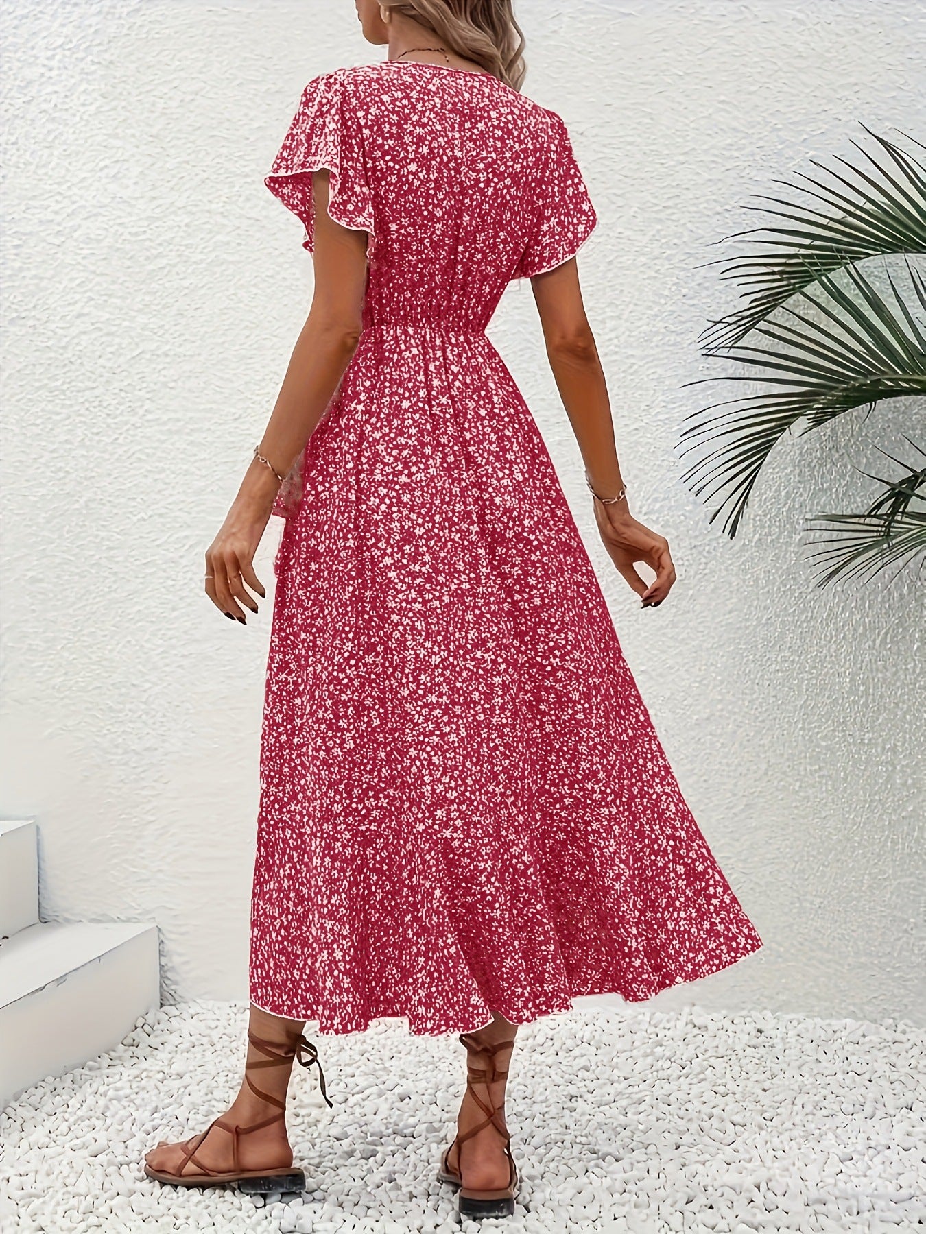 Women's Floral Print Surplice Dress with Flutter Sleeves and Ruffle Hem