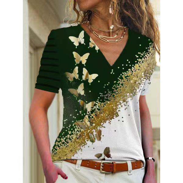 3D Flower Print V-Neck Short Sleeve T-Shirt