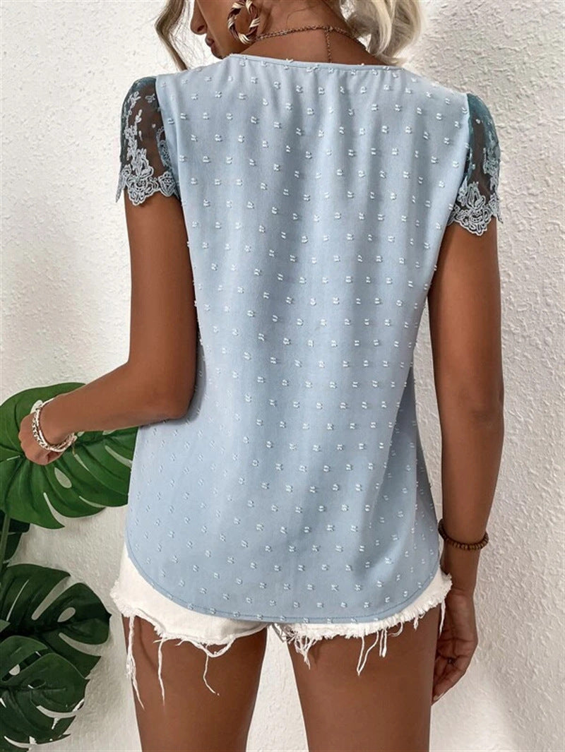 Lace V-neck Loose Blouses, Casual Button Down Lace Sleeve Fashion Shirts Tops