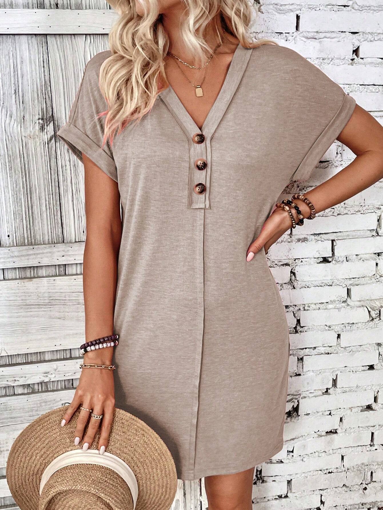 Solid Color V-Neck Batwing Sleeve Midi Dress