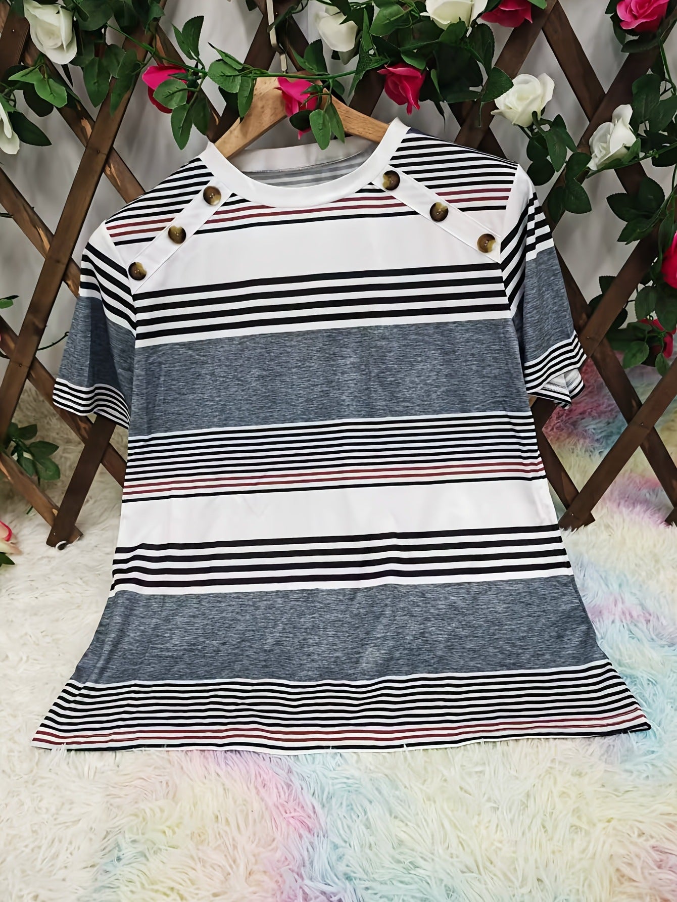 Button Front Vibrant Striped Short Sleeve Crew Neck T-Shirt