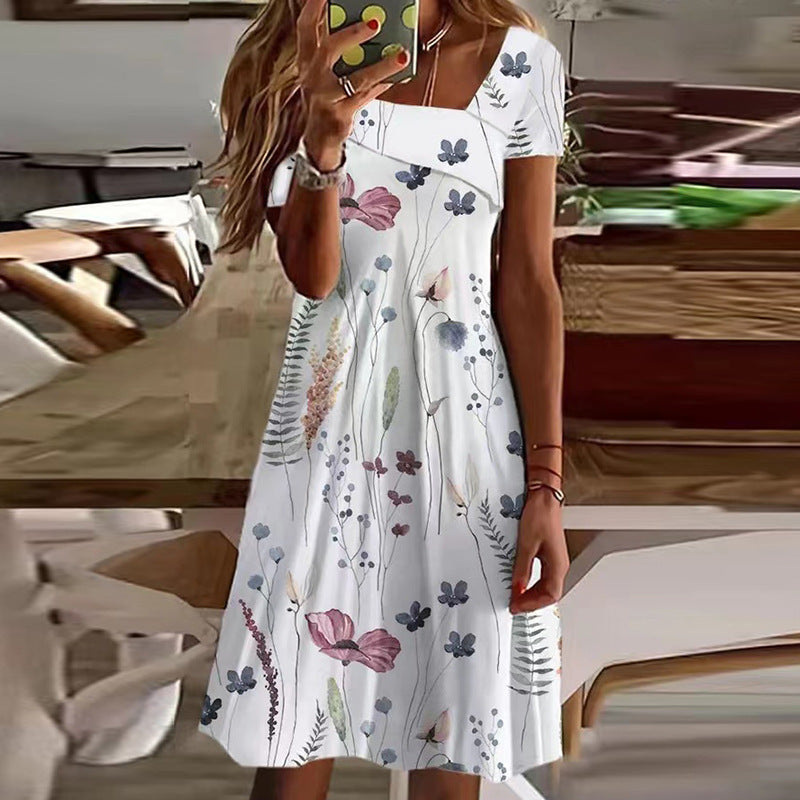 Short Sleeve Printed A Line Mid Waist V-Neck Mini Dress