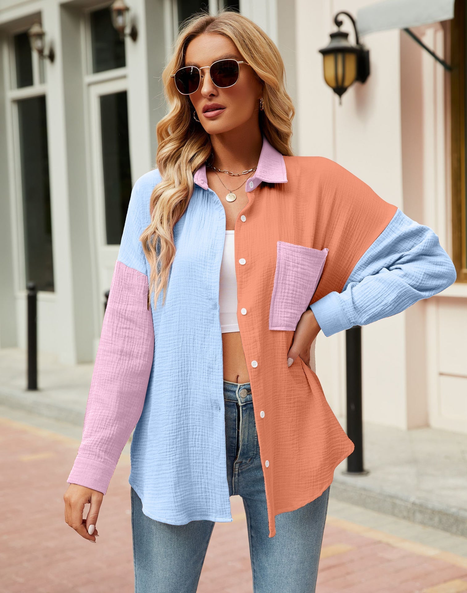 V-neck Loose Lapel Blouses, Casual Pocket Button Down Long Sleeve Fashion Shirts Tops