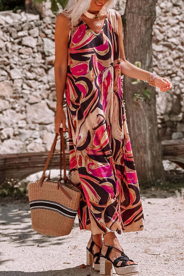 V Neck Print Straight Maxi Dresses