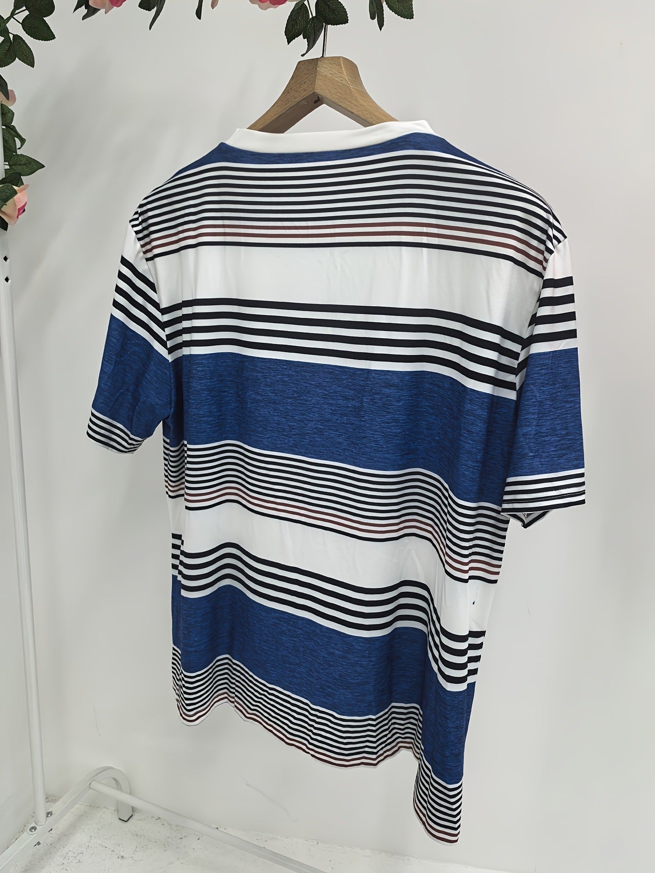 Button Front Vibrant Striped Short Sleeve Crew Neck T-Shirt