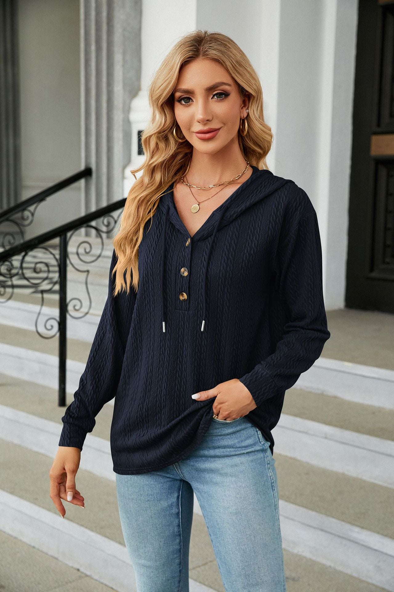 Solid Textured Button Up Long Sleeve Drawstring Hoodie