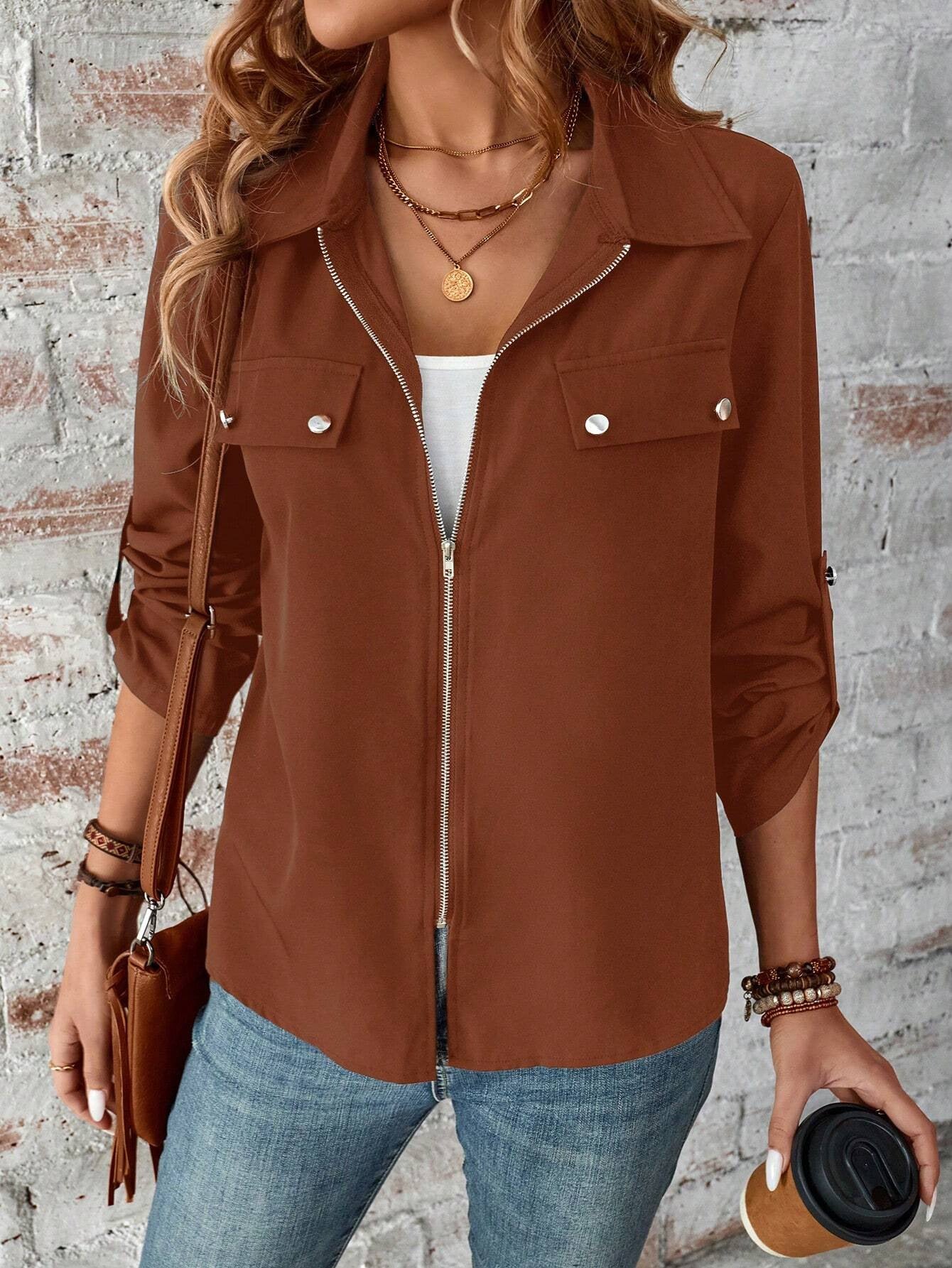Solid Color Zip Up Jacket, Elegant Long Sleeve Flap Detail Jacket
