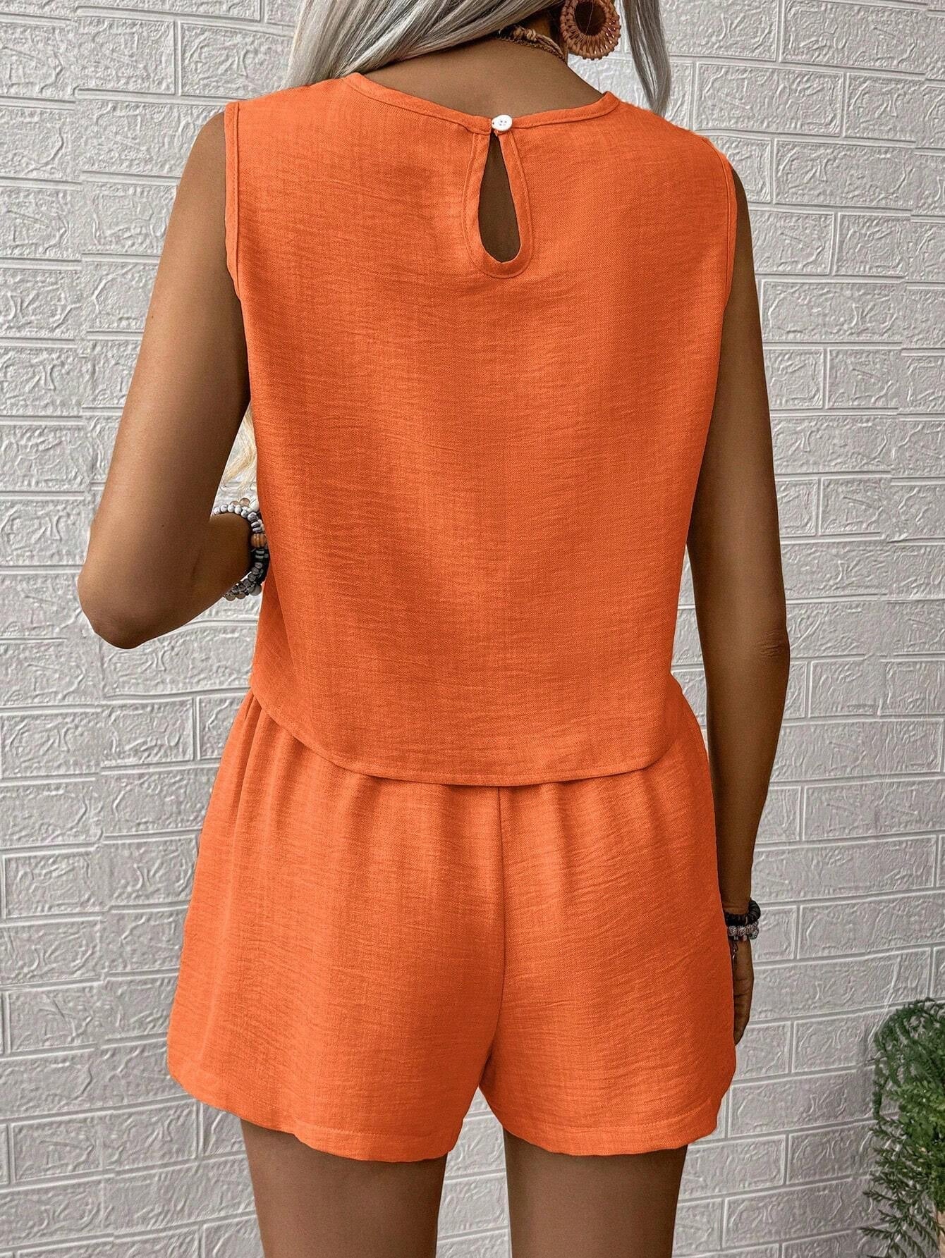 Casual Solid Color Shorts Set, Crew Neck Sleeveless Tank Top & High Waist Shorts Outfits