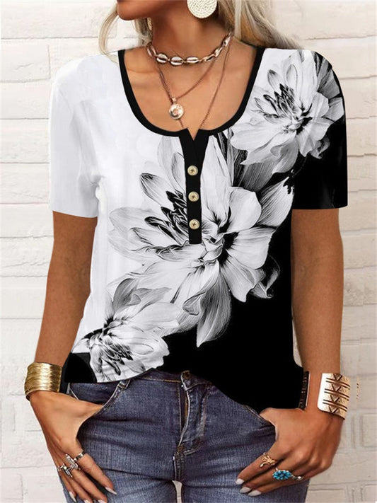 Printed Short Sleeve Pullover Casual Button T-Shirt