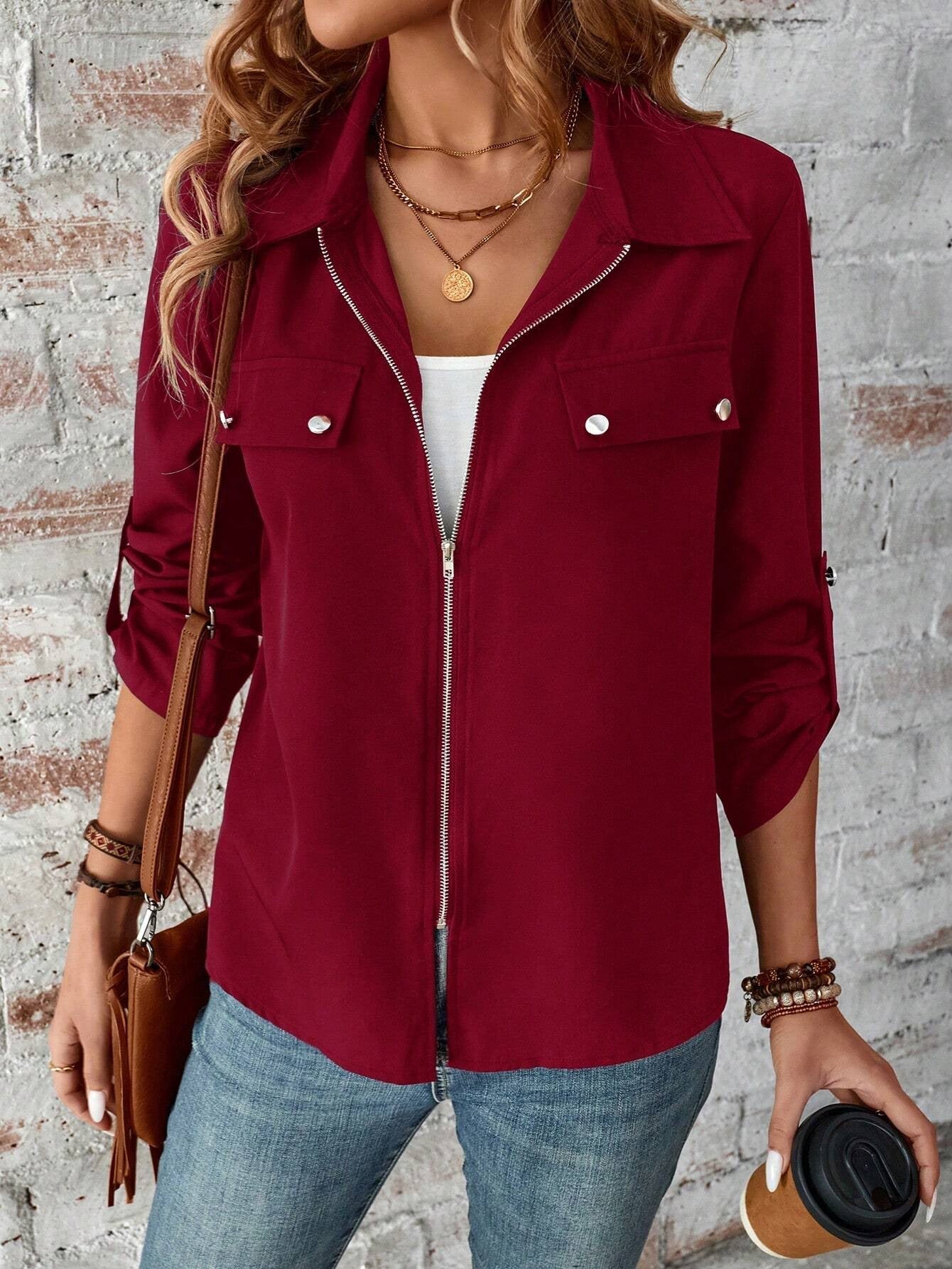 Solid Color Zip Up Jacket, Elegant Long Sleeve Flap Detail Jacket