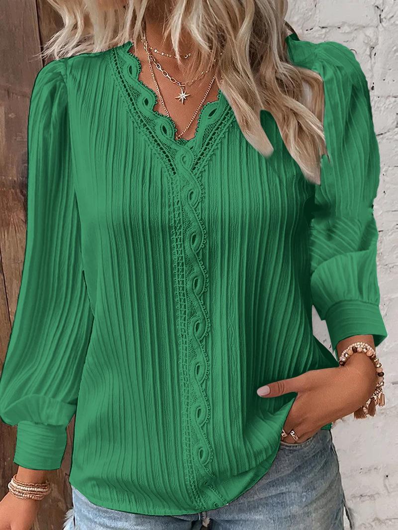 Floral Lace Blouse with V-Neck and Lantern Sleeves