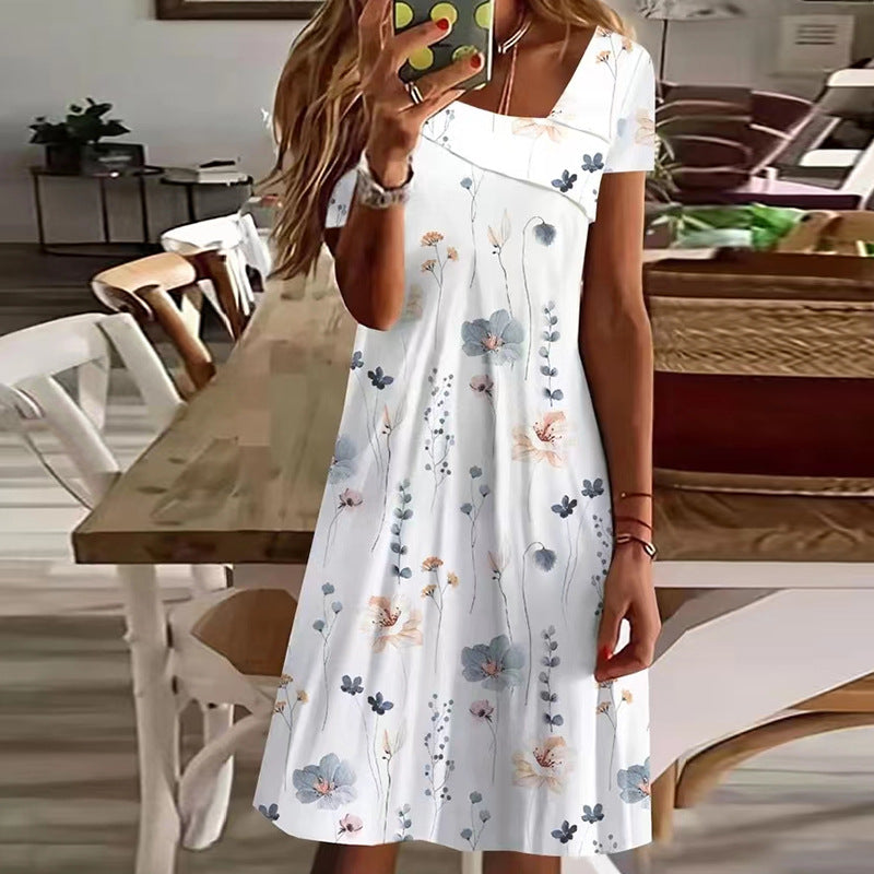 Short Sleeve Printed A Line Mid Waist V-Neck Mini Dress