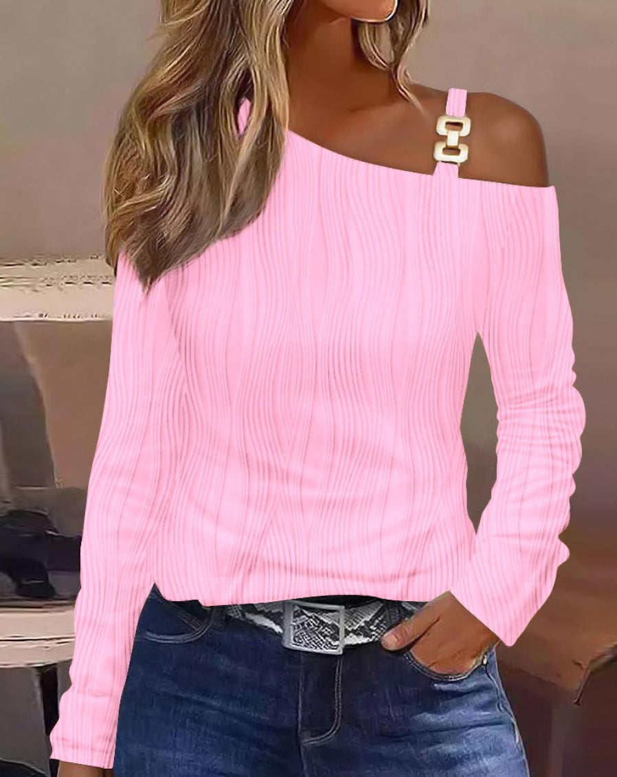 Cutout Lace Stitching Cold Shoulder T-Shirt, Casual Long Sleeve Top
