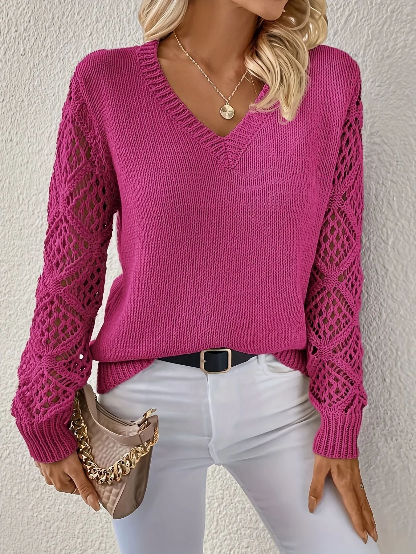 Solid Pointelle Detail Knitted Sweater, Elegant V-neck Long Sleeve Pullover