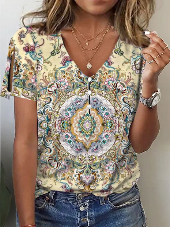 Fashion Women Print Vintage Hole Loose Casual Short Sleeve Tops