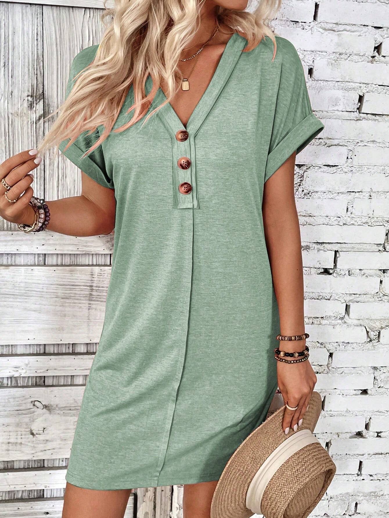 Solid Color V-Neck Batwing Sleeve Midi Dress