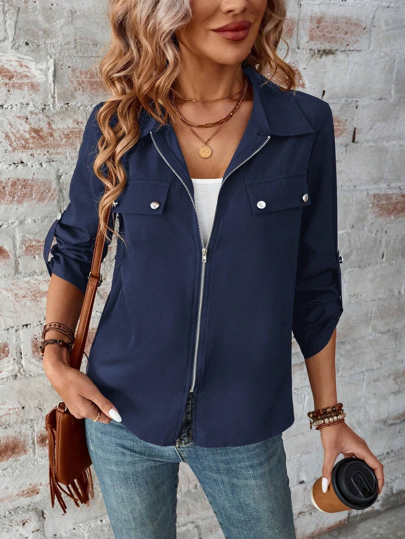 Solid Color Zip Up Jacket, Elegant Long Sleeve Flap Detail Jacket