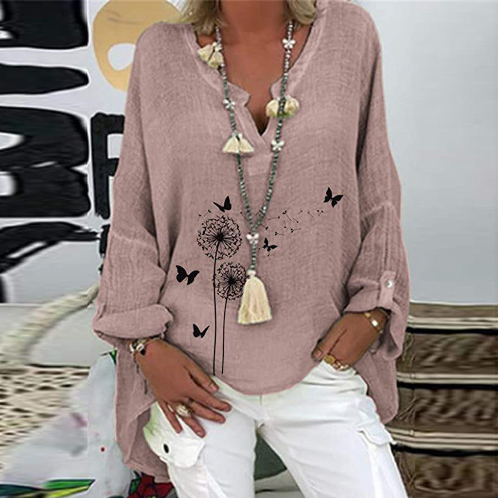 Long Sleeve Floral Print Loose V-Neck Shirt