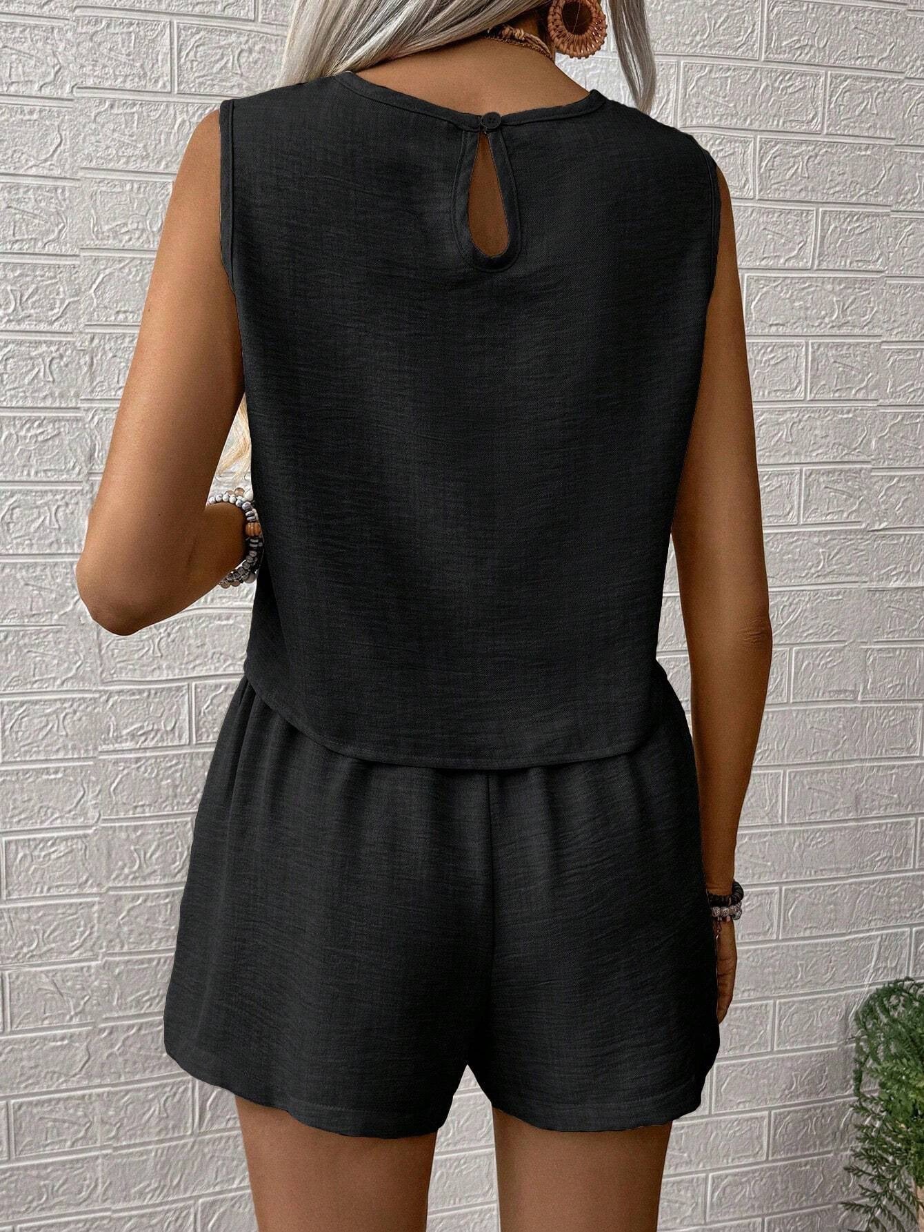Casual Solid Color Shorts Set, Crew Neck Sleeveless Tank Top & High Waist Shorts Outfits