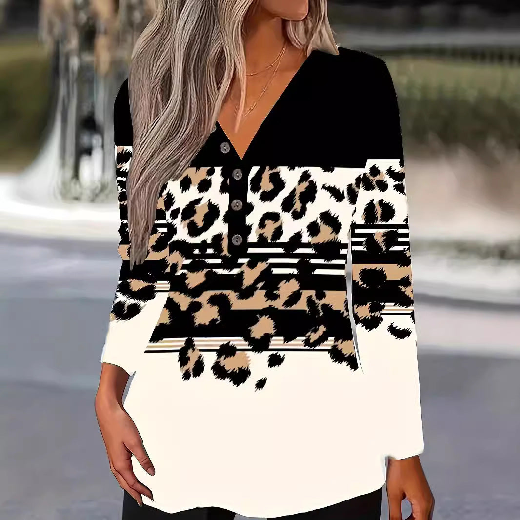Button Geometric Print Long Sleeve T Shirt