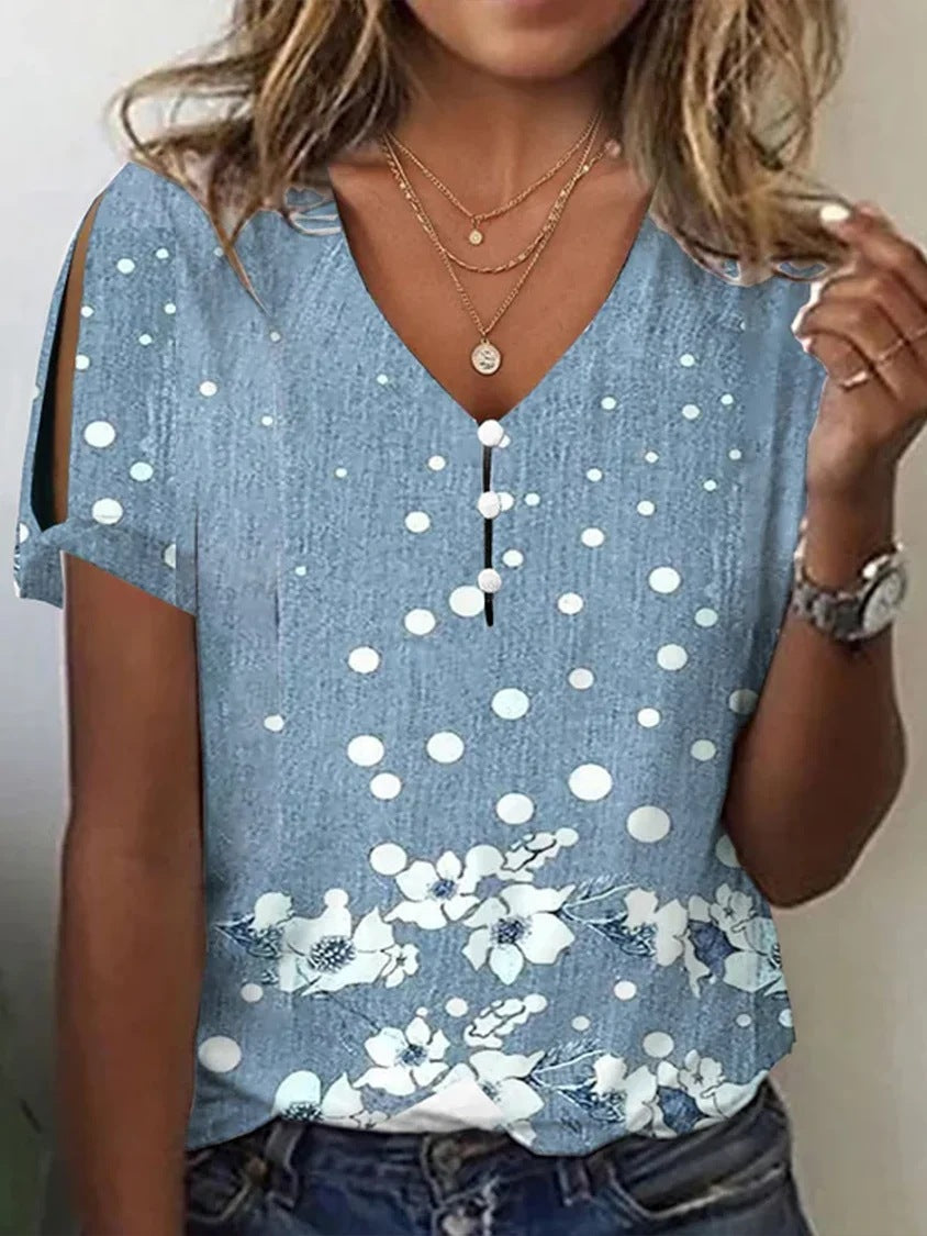 Fashion Women Print Vintage Hole Loose Casual Short Sleeve Tops