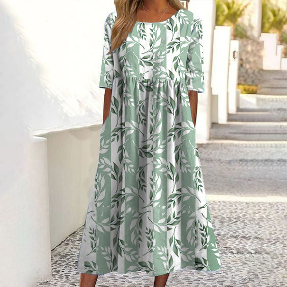 O Neck Pocket Print Short Sleeve Loose Midi Dress