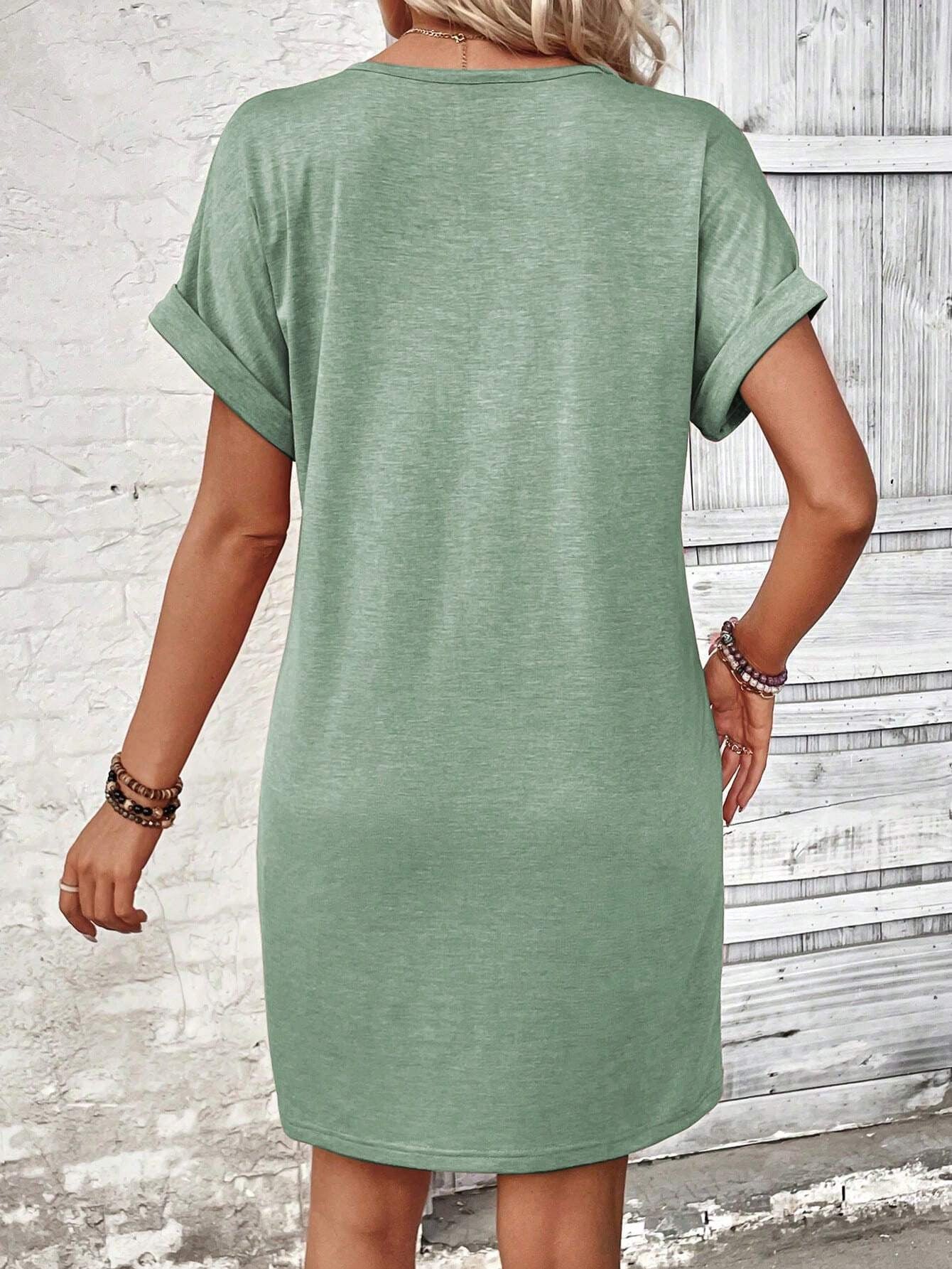 Solid Color V-Neck Batwing Sleeve Midi Dress