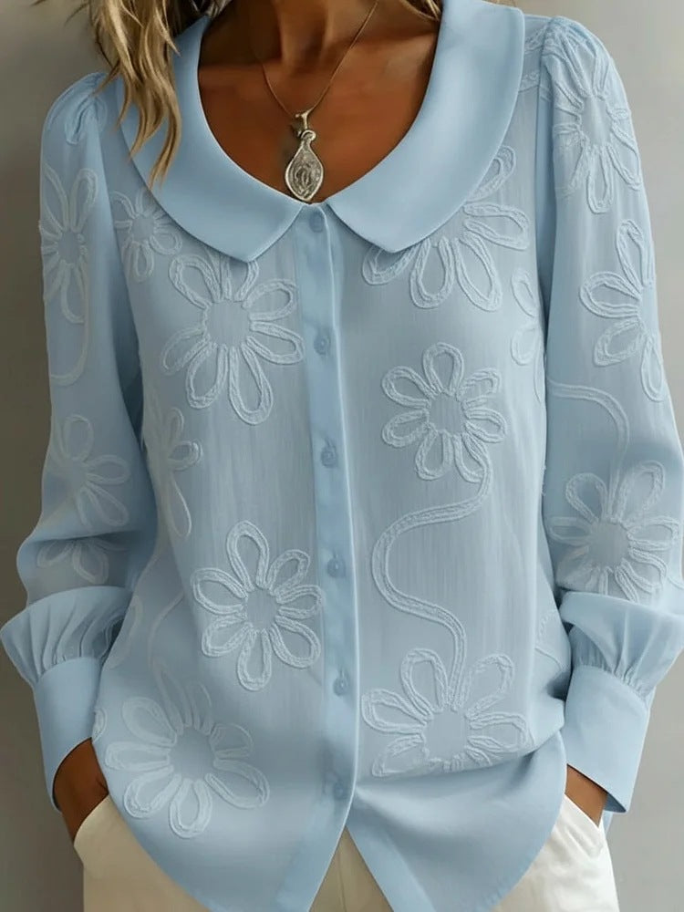 Embroidery Floral Long Sleeve Crew Neck Button Loose Going Out Casual Top