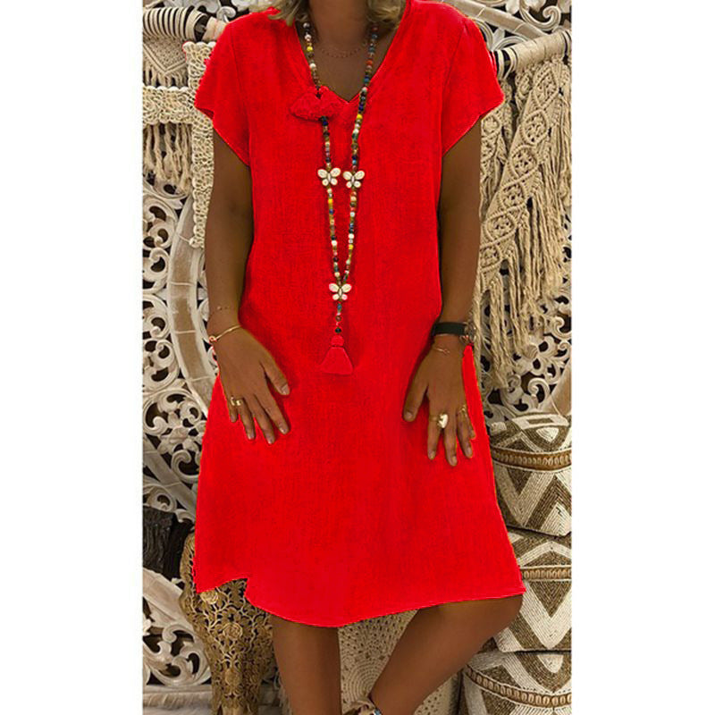 Cotton Linen Solid Loose V Neck Short Sleeve Midi Dress