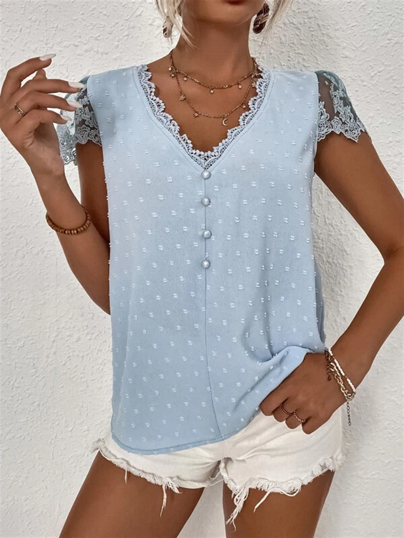 Lace V-neck Loose Blouses, Casual Button Down Lace Sleeve Fashion Shirts Tops