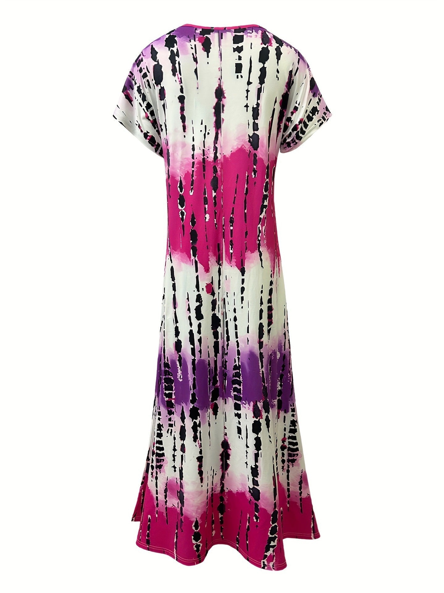 Tie Dye V-neck Dress, Elegant Split Short Sleeve Dress