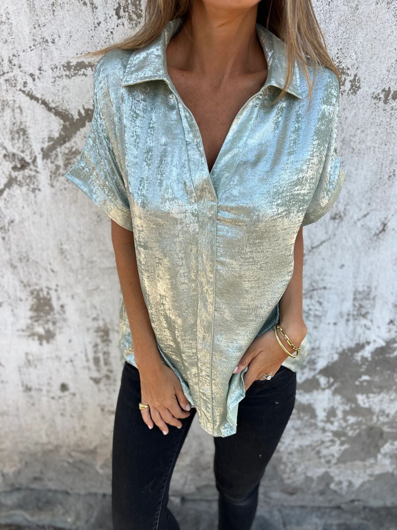 Loose Foiled Short Sleeve Lapel Shirt