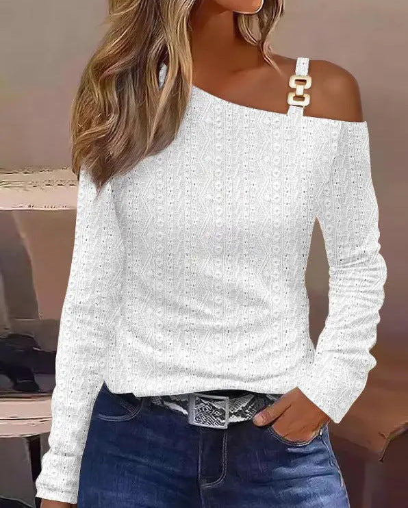 Cutout Lace Stitching Cold Shoulder T-Shirt, Casual Long Sleeve Top